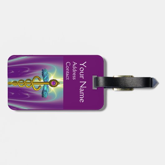 GOLDEN CADUCEUS SYMBOL MONOGRAMM Lila grün Gepäckanhänger (Rückseite horizontal)