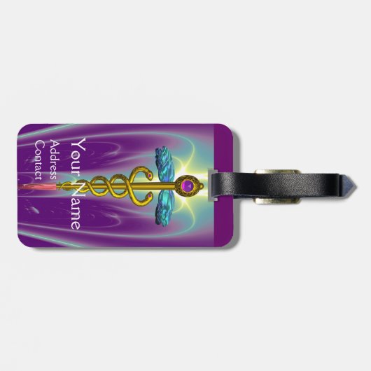 GOLDEN CADUCEUS SYMBOL MONOGRAMM Lila grün Gepäckanhänger (Rückseite horizontal)