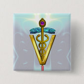 GOLDEN CADUCEUS VETERINÄRSYMBOL / Aquamarin weiß Button (Vorderseite)