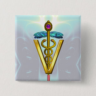 GOLDEN CADUCEUS VETERINÄRSYMBOL / Aquamarin weiß Button