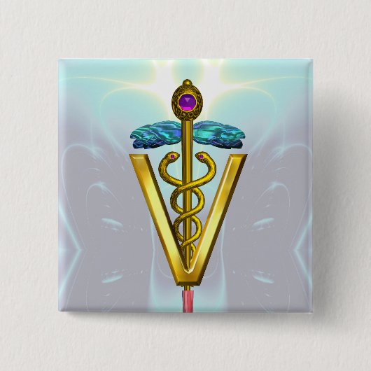 GOLDEN CADUCEUS VETERINÄRSYMBOL / Aquamarin weiß Button (Vorderseite)