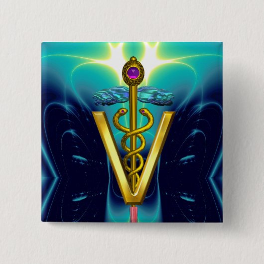GOLDEN CADUCEUS VETERINÄRSYMBOL / Blau Türkis Button (Vorderseite)