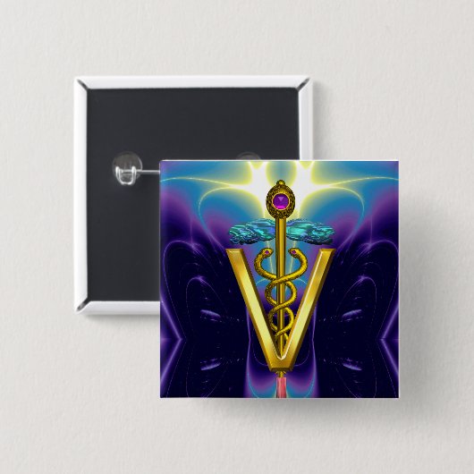 GOLDEN CADUCEUS VETERINÄRSYMBOL / Lila Blau Button (Vorne & Hinten)