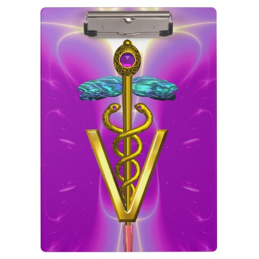 GOLDEN CADUCEUS VETERINÄRSYMBOL / Lila Fuchsie Klemmbrett (Vorderseite)