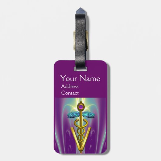 GOLDEN CADUCEUS VETERINÄRSYMBOL / Lila grün Gepäckanhänger (Rückseite vertikal)