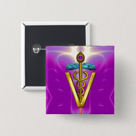 GOLDEN CADUCEUS VETERINÄRSYMBOL / Pink Fuchsia Button (Vorne & Hinten)