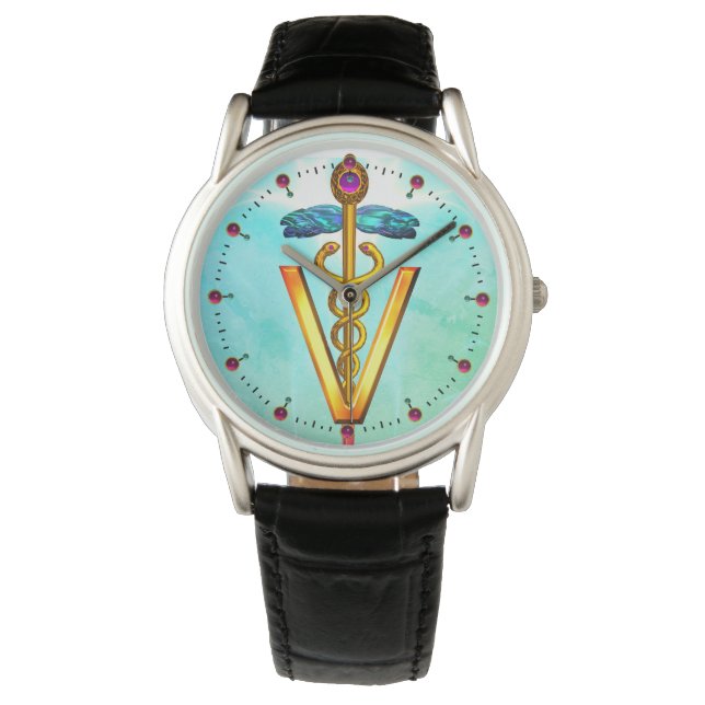 GOLDEN CADUCEUS VETERINARY SYMBOL Aqua Blue Green Armbanduhr (Vorderseite)