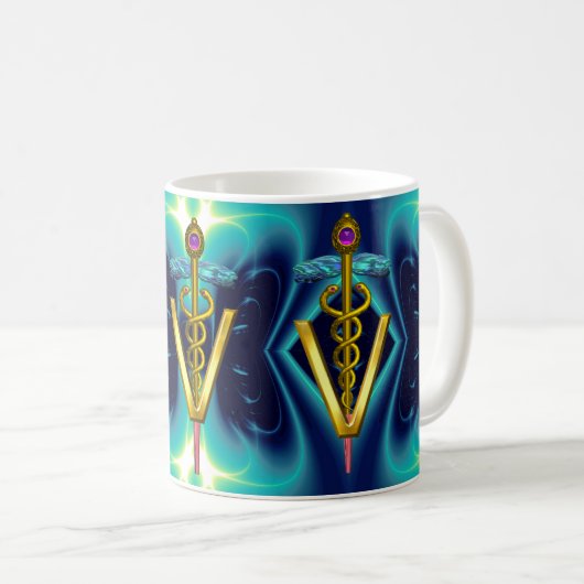 GOLDEN CADUCEUS VETERINARY SYMBOL Blau Türkis Kaffeetasse (VorderseiteRechts)
