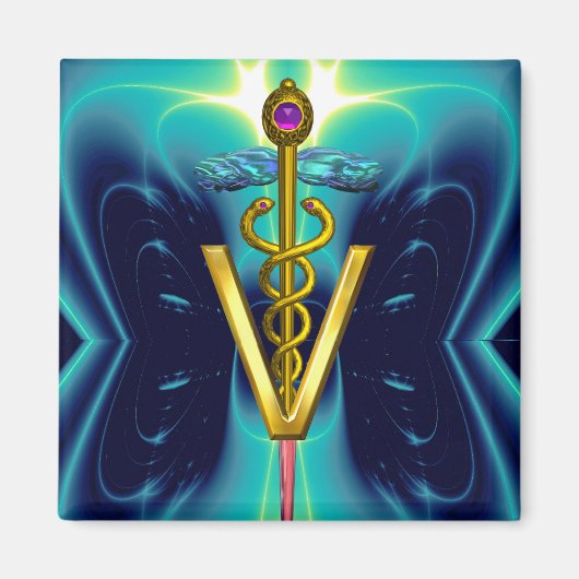 GOLDEN CADUCEUS VETERINARY SYMBOL Blau Türkis Magnet (Vorne)
