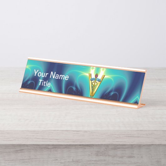 GOLDEN CADUCEUS VETERINARY SYMBOL Blau Türkis Schreibtischnamensplakette (Vorderseite )