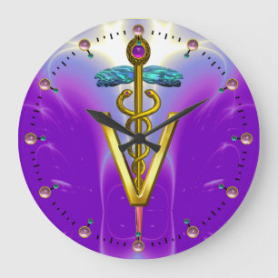GOLDEN CADUCEUS VETERINARY SYMBOL / Blue Purple Große Wanduhr