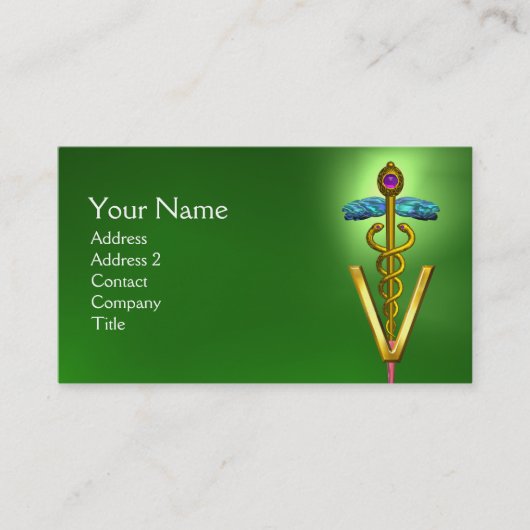 GOLDEN CADUCEUS VETERINARY SYMBOL / Emerald Green Visitenkarte (Vorderseite)