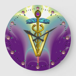 GOLDEN CADUCEUS VETERINARY SYMBOL / Purple Teal Große Wanduhr