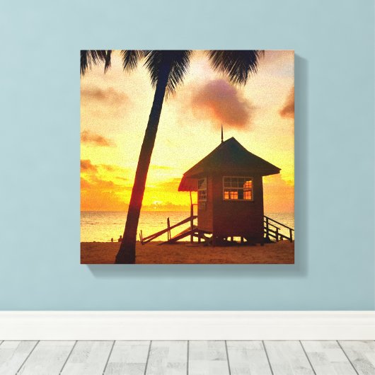 Golden Caribbean Sunset Beach Hut - Tropische Lein Leinwanddruck (Insitu (Holzboden))