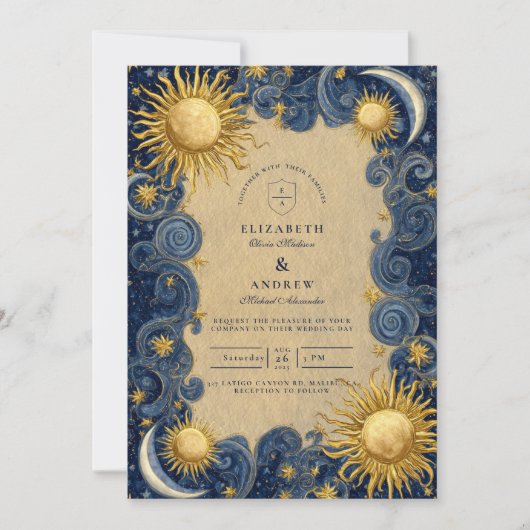 Golden Celestial Baroque Wedding Einladung (Vorderseite)