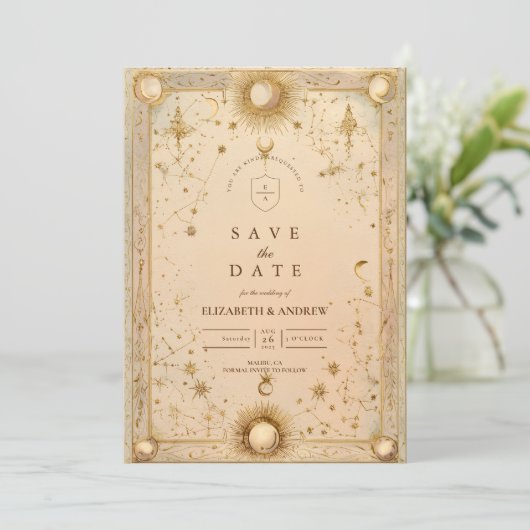 Golden Celestial Baroque Wedding Save The Date (Stehend Vorderseite)