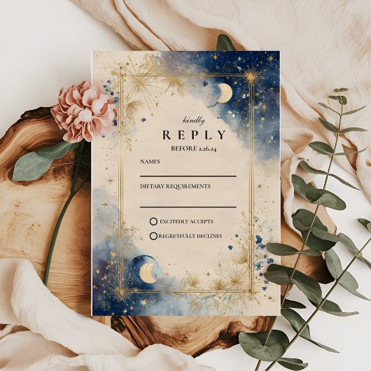 Golden Celestial Night Wedding RSVP Karte