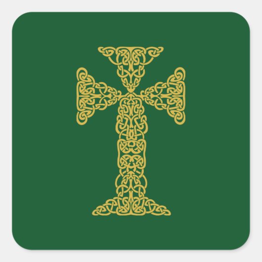 Golden Celtic Cross Irish Green Quadratischer Aufkleber (Vorderseite)