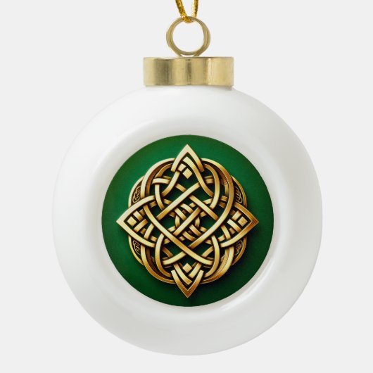 Golden Celtic Knot on Green Keramik Kugel-Ornament (Vorderseite)