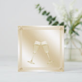 Golden Champagne Glass & Sapphire Engagement Party Einladung (Stehend Vorderseite)