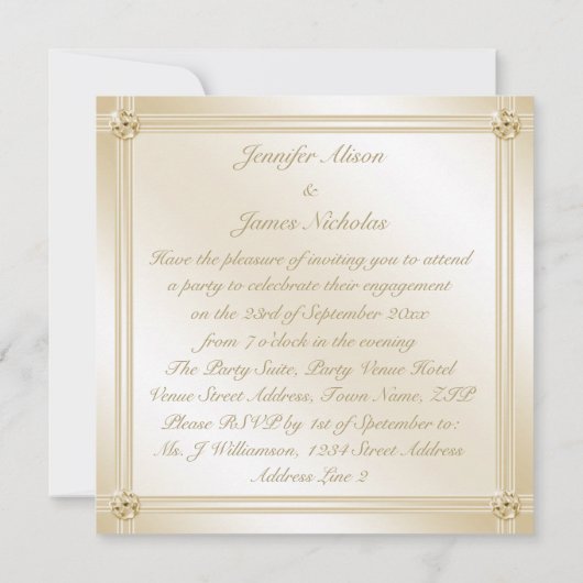 Golden Champagne Glass & Sapphire Engagement Party Einladung (Rückseite)