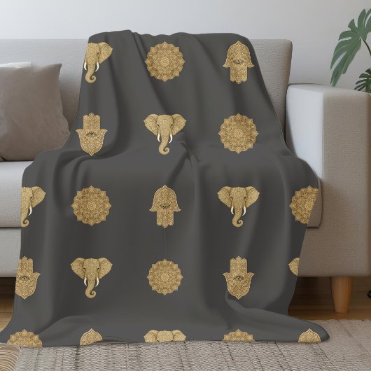 Golden Charcoal Mandala Elephant Hamsa | Asian Zen Fleecedecke