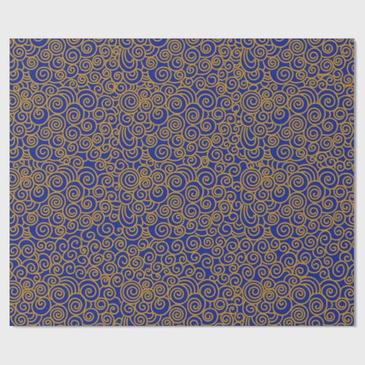 Golden Chinese Auspicious Clouds Pattern on Indigo Geschenkpapier (Flach)