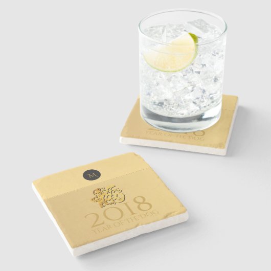 Golden Chinese Dog Papercut 2018 Monogram Marble C Steinuntersetzer (Seitenansicht)