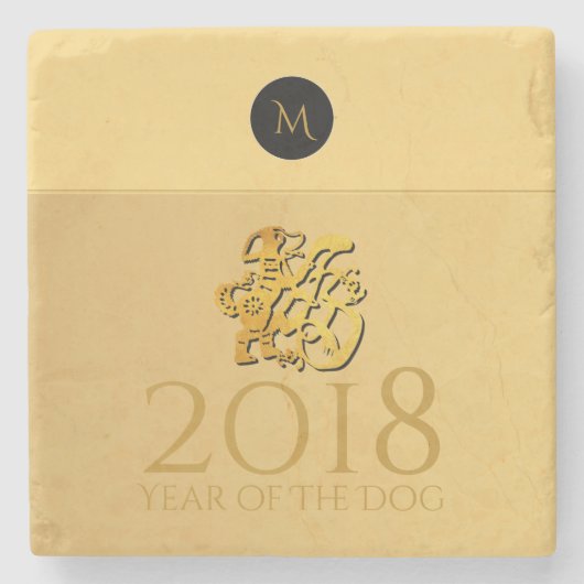 Golden Chinese Dog Papercut 2018 Monogram Marble C Steinuntersetzer (Vorderseite)