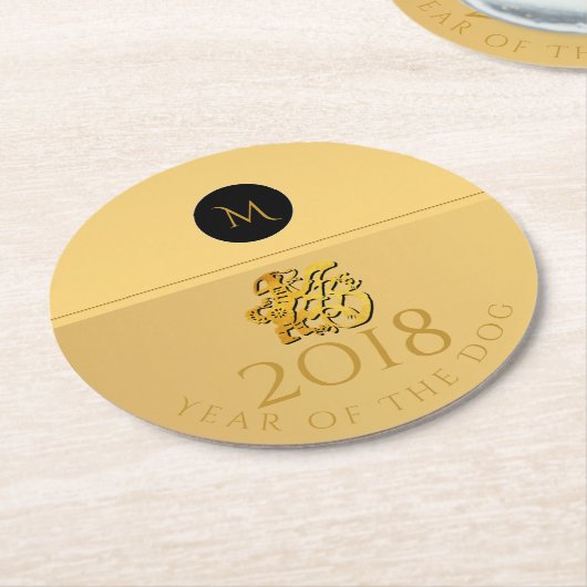 Golden Chinese Dog Papercut 2018 Monogram Round C Runder Pappuntersetzer (Angewinkelt)