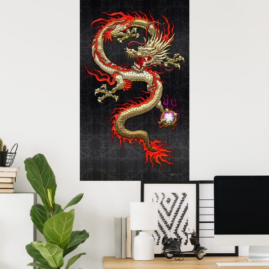 Golden Chinese Dragon Fucanglong auf Black Silk Poster (Heimbüro)