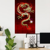 Golden Chinese Dragon Fucanglong on Red Silk Poster (Heimbüro)