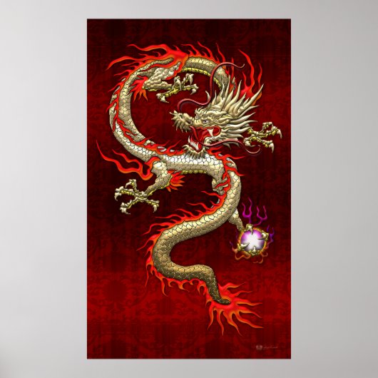 Golden Chinese Dragon Fucanglong on Red Silk Poster (Vorne)