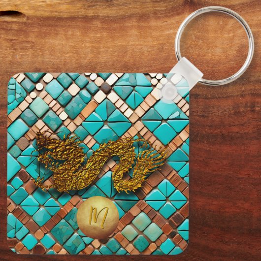 Golden Chinese Dragon New Year Monogram SqK Schlüsselanhänger (Rückseite)