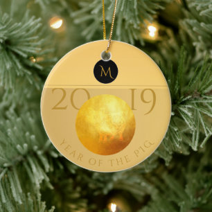 Golden Chinese Pig Papercut 2019 Monogram O Keramik Ornament