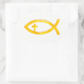 Golden Christlich Fish Symbol mit Crucifix Ovaler Aufkleber (Tasche)