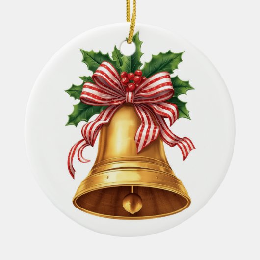 Golden Christmas Bell Holly and Stripe Bow Keramik Ornament (Vorne)