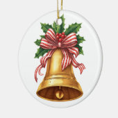 Golden Christmas Bell Holly and Stripe Bow Keramik Ornament (Links)