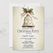 Golden Christmas Bell Shiny Stars Grüne Blätter Einladung (Vorderseite)