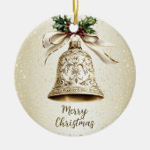 Golden Christmas Bell Shiny Stars Grüne Blätter Keramik Ornament (Vorne)