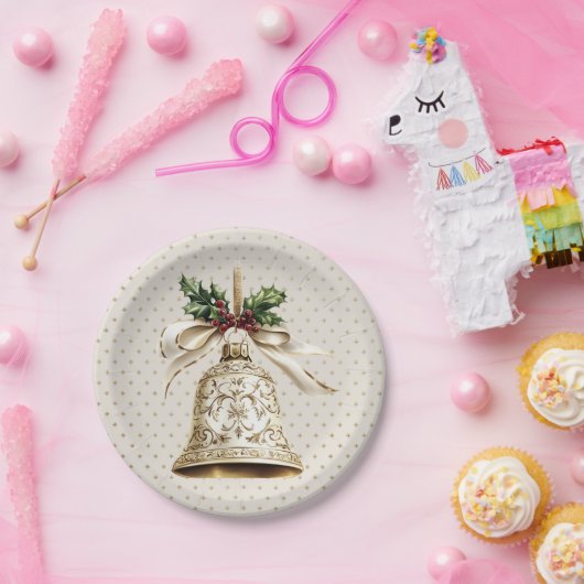 Golden Christmas Bell Shiny Stars Grüne Blätter Pappteller (Party)