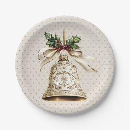 Golden Christmas Bell Shiny Stars Grüne Blätter Pappteller