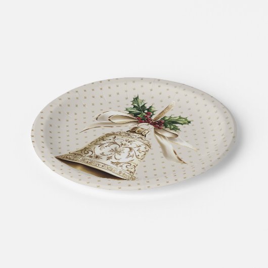 Golden Christmas Bell Shiny Stars Grüne Blätter Pappteller (Schrägansicht)