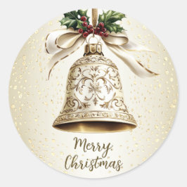 Golden Christmas Bell Shiny Stars Grüne Blätter Runder Aufkleber