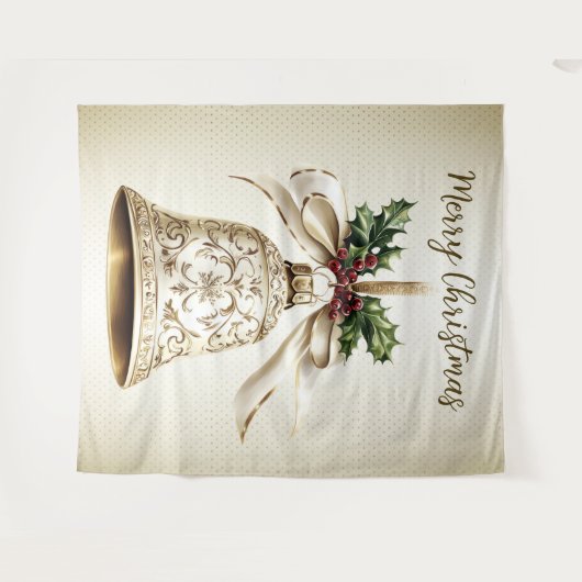 Golden Christmas Bell Shiny Stars Grüne Blätter Wandteppich (Vorderseite (Horizontal))