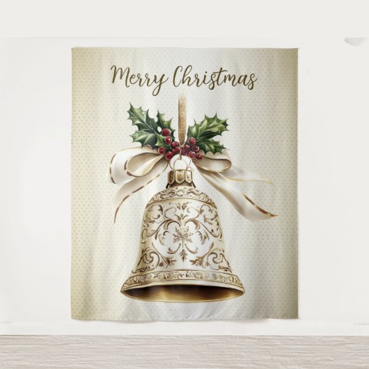 Golden Christmas Bell Shiny Stars Grüne Blätter Wandteppich (Vorderseite)