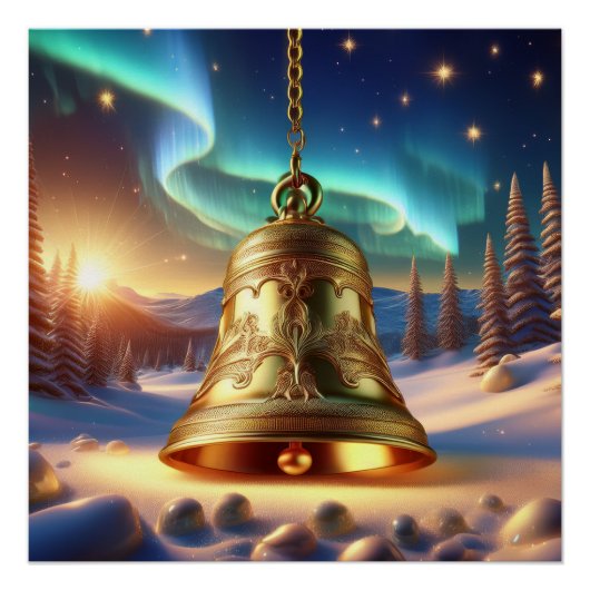 Golden Christmas Bell Snowy Winter Scene Glossy Poster (Vorderseite)