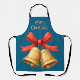 Golden Christmas Bells Blue Holiday Apron Schürze