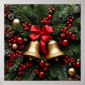Golden Christmas Bells on Evergreen Decorations Poster (Vorne)