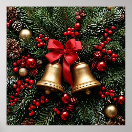Golden Christmas Bells on Evergreen Decorations Poster (Vorne)